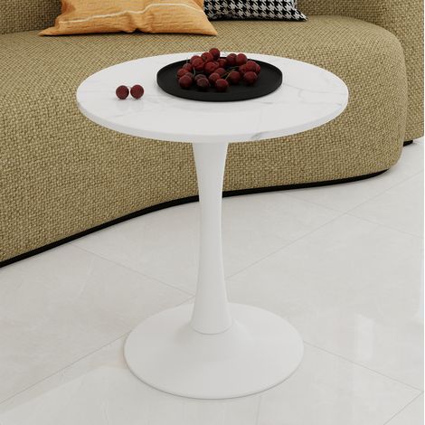 Tavolino rotondo 70x70x72 cm in metallo bianco, effetto marmo, moderno per soggiorno FLORAGRACE (1/5)
