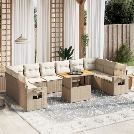 Ensemble de Salon de Jardin 11 Pièces en Résine Tressée avec Coussins Beige et Table à Hauteur Réglable (1/3)