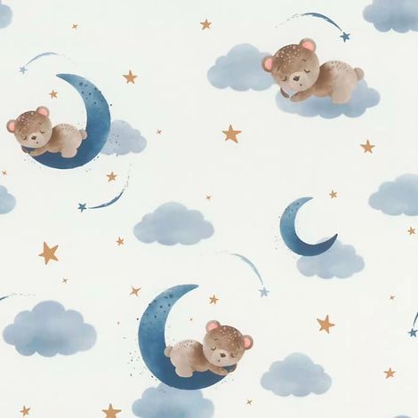Kids Wallpaper Blue White Sleeping Bears Moon Clouds Nursery Kids Room Wall