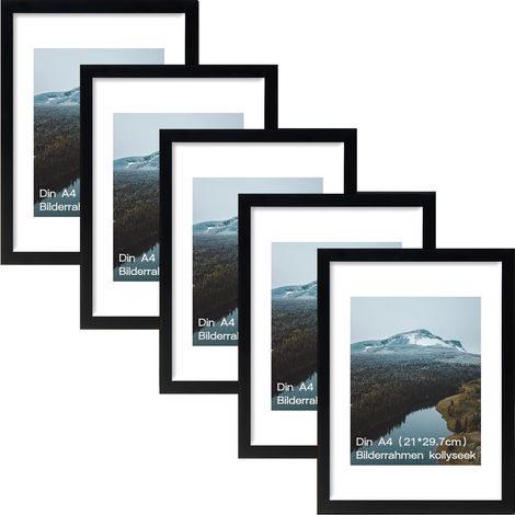 Lot de 5 cadres photo format A4 et verre acrylique - Noir - Format A4 (21 x 29,7 cm) - À suspendre et à poser - Cadre photo mural moderne - Noir (1/5)