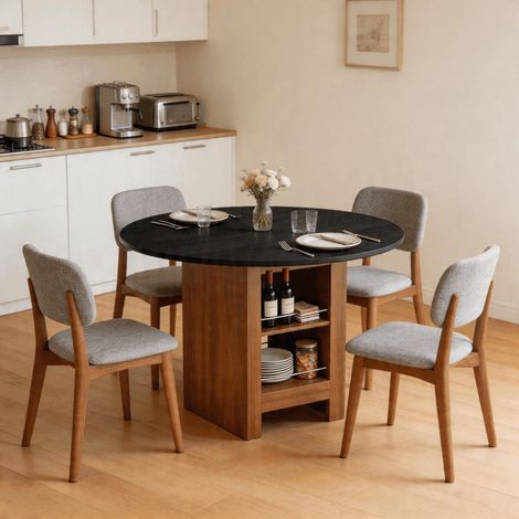 Table à manger ronde 100 x 76 cm, 2-4, étagère ouverte, plateau épais 2 cm, cadre métal, cuisine petit espace, noyer noir (1/5)
