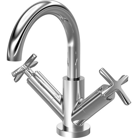Balterley Levedale Mono Basin Mixer Tap with Dual Crosshead Handles, Swivel Spout & Push Button Waste - Polished Chrome Finish