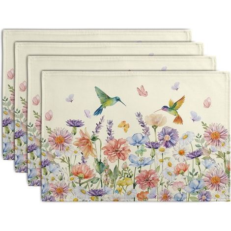 Juego de 4 manteles individuales, Primavera y verano, Flores de acuarela, colibrí y mariposa, 30 x 45 cm, Con flores silvestres y hierbas (1/5)