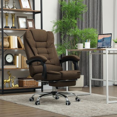 Fauteuil de bureau avec hauteur réglable, dossier inclinable, repose-pied et accoudoirs rembourrés, marron