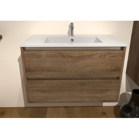Sanitaire – Meuble sous vasque JUPITER 3.0 en bois foncé 80 cm – 2 tiroirs avec rails coulissants – Plan vasque céramique blanc brillant (1/5)
