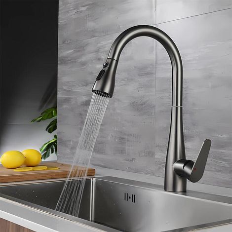 Robinet de cuisine gris avec douchette extractible, 3 jets, mitigeur monocommande, convient aux éviers de cuisine, rotation à 360°. (1/5)