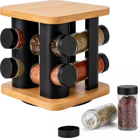 Relaxdays Spice Carousel, 8 jars, 360° rotating spice rack, 16.5x18.5x18.5 cm, bamboo/stainless steel, natural/black (1/5)