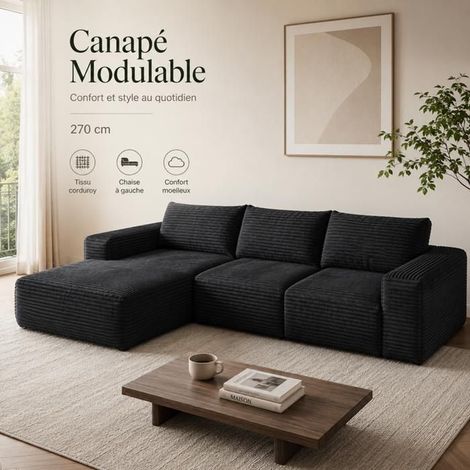 Canapé Modulable 270x175cm Velours Côtelé Noir Sans Assemblage - Canapé d'angle - Design Minimaliste, Confort Nuage Assise Profonde (1/5)