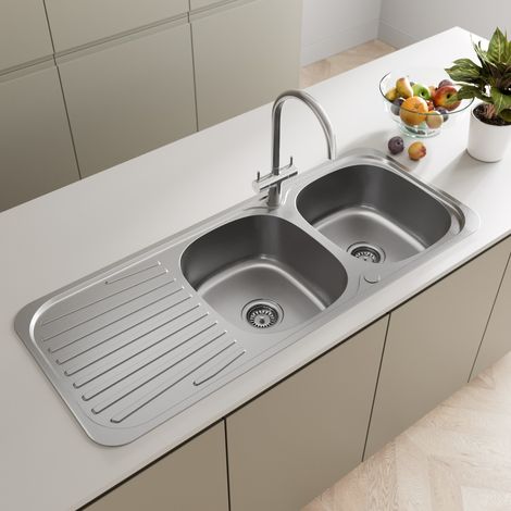 Stainless Steel Double Bowl Inset Kitchen Sink Reversible Drainer Basket Waste (1/5)