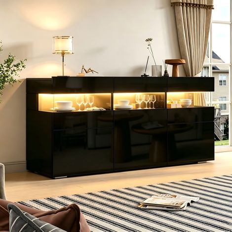 Buffet LED 3 Portes 140x40,5x66,5 cm, Façade Brillante, Portes Acryliques Transparentes, 7 Compartiments, Commande par App - Noir (1/5)