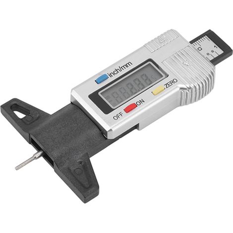 Silberner digitaler Reifenprofiltiefenmesser 0-25 mm, Reifenverschleißmessgerät mit Digitalanzeige, inklusive eingebauter Batterie. (1/5)