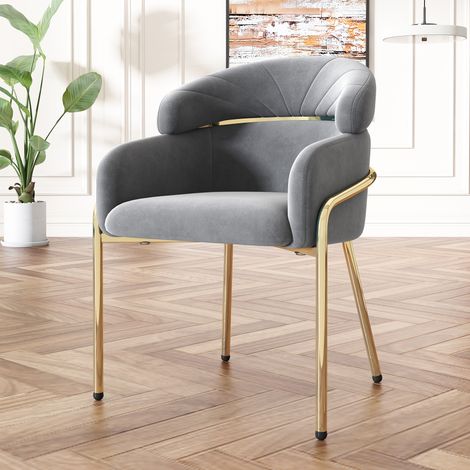 Silla de comedor de terciopelo gris con patas de metal, para salón, dormitorio, ocio (1/5)