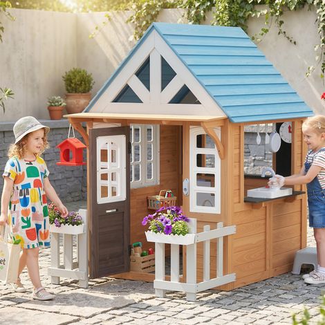 Cabane enfant extérieure en bois – Maison avec chatière et cuisine de jeu. marron – Jeux créatifs (1/5)