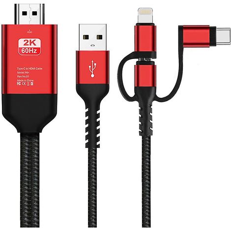 Câble USB Type-C vers HDMI MHL 3-en-1 rouge, adaptateur TV HD 1080p, compatible avec Android et iOS AZ10397 (1/4)