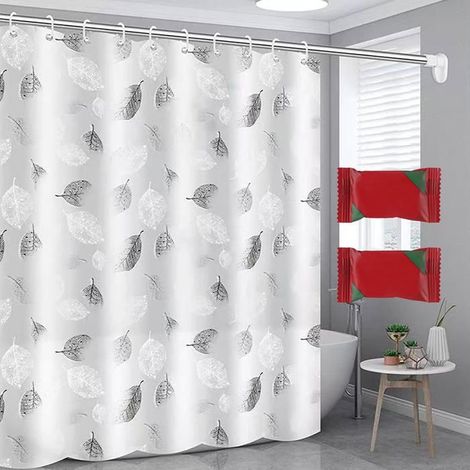 Rideau de douche lavable, imperméable et anti-moisissure 180 x 200 cm polyester blanc à motifs géométriques, ourlet lesté (1/5)