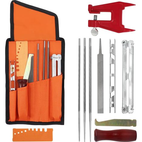 Kit d'affûtage Universel pour Tronçonneuse, Jeu de Limes pour Aiguiser Les Semis de Chaîne avec Limes, Poignées en Bois, Jauge de Profondeur, Guide de Polissage, Sac à Outils et Vis de Banc (1/5)