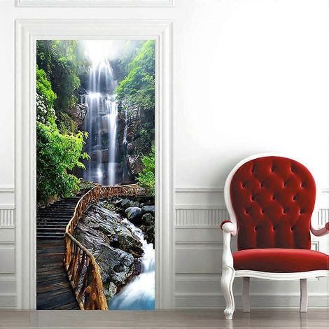 Escaliers en bois en cascade, stickers muraux 3D pour portes, compatibles avec la décoration (2 pièces). (1/4)