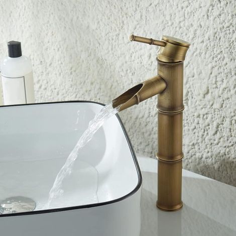 Waterfall Basin Faucet, Brass Basin Mixer, Sink Faucet, Single Handle Brass Antique Bamboo Basin Mixer (1/5)