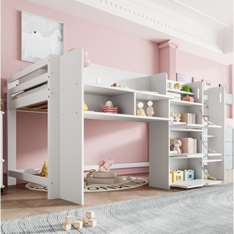 Cama semialta infantil 90x200 cm de madera blanca, con almacenaje para niños, sin colchón -FLORAGRACE (1/5)
