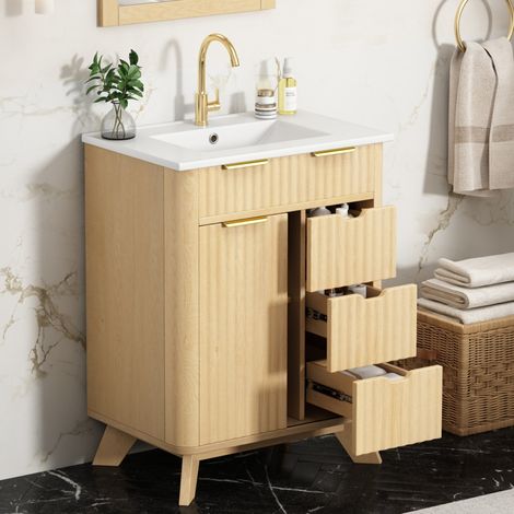 Mobile lavabo 61 x 47 x 90 cm con 3 cassetti, anta scorrevole e lavabo in ceramica, legno naturale (1/5)