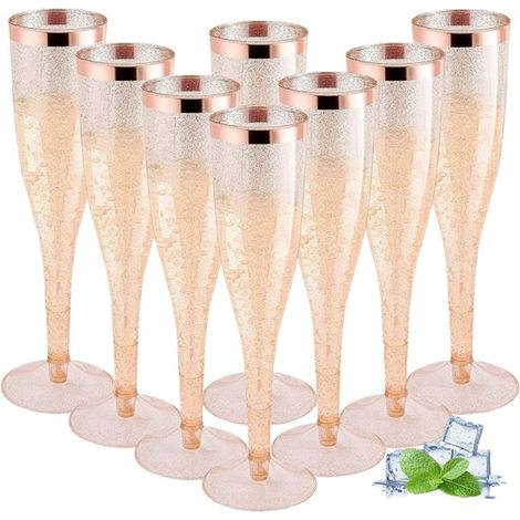 flûtes à champagne en plastique - 150 ml - Avec bord or rose et paillettes - Réutilisables - Pour Mimosa, bar, mariage, fête, pique-nique en plein air (1/5)