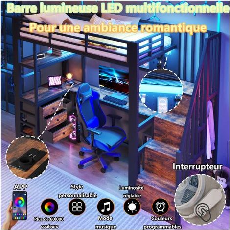 Lit Mezzanine - SOGEU - 90x200 - Bureau intégré - Tiroir & étagères - LED avec prise (1/5)