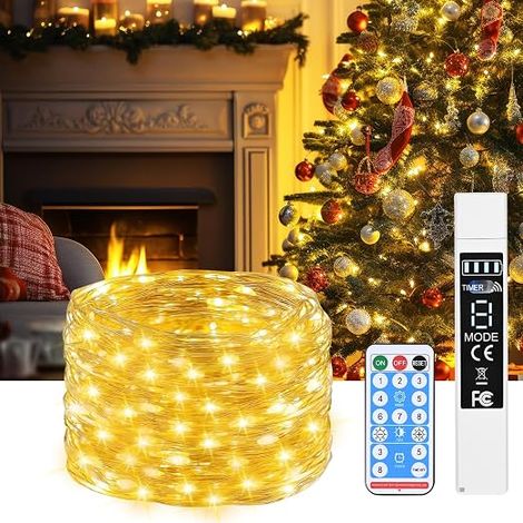 LED String Lights 20M 200 LED Warm White, Rechargeable Battery 1800mAh with LCD Display, USB-C, IP44, 8 Modes, Timer, Remote Control, Flexible LED String Lights for Indoor/Outdoor (1/5)