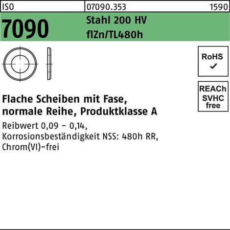 ISO 7090 Scheibe Stahl 8mm (8,4x16x1,6) zinklamellenbesch. mit Fase Ohne Formfangabe 1000 Stk