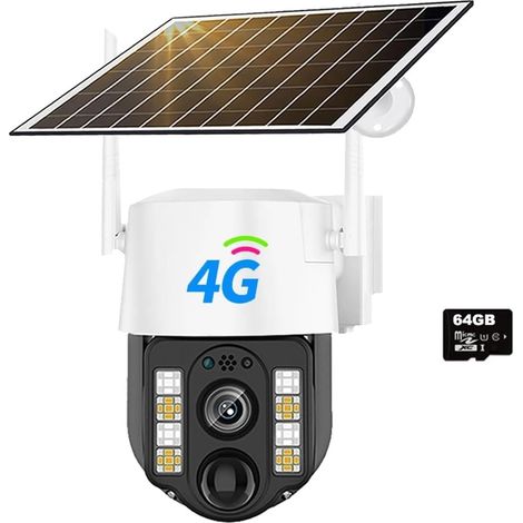Caméra Solaire 4G/WiFi extérieure étanche IP Camara PIR détection Humaine CCTV sécurité Protection Batterie intégrée avec Panneau Solaire(4G Cam 64G Card) (1/5)