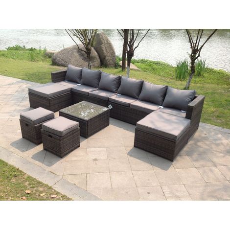 Fimous Lounge Couch Rattan Corner Sofa Set Coffee Table Stools Garden Furniture Outdoor