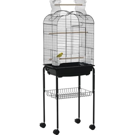 Cage à oiseaux volière pour oiseaux sur roulettes avec toit ouvrant 3 perchoirs étagère inférieure 46 x 36 x 130 cm noir (1/5)