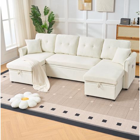 Canapé d'angle convertible 266x130x85 cm en tissu chenille beige, avec rangement, salon FloraGrace (1/5)