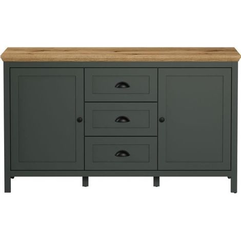 Calicosy – Buffet 2 portes 3 tiroirs – Vert profond et chêne naturel – Dimensions 146 x 86 x 45 cm – Coulisses à billes en métal (1/5)