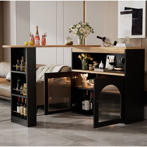 Tavolo bar estensibile con contenitore, girevole, LED 1 m, 138-193 x 39 x 105 cm, nero HAVRYA (1/5)