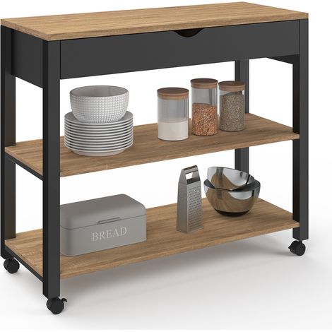 Idmarket – Desserte de cuisine XXL avec tiroir – Plan de travail noir – 100x40x85 cm – MDF et panneaux de particules – 4 roulettes dont 2 avec frein