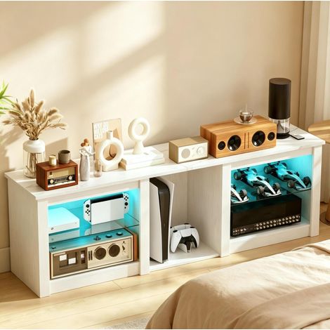 Mueble TV LED de 160 cm con estantes de vidrio regulables, blanco, para TVs de hasta 70" OKMYHOME (1/5)