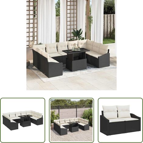 Poly-Rattan - Sofa Set mit Kissen 10 pcs Schwarz und Creme Poly-Rattan (1/5)