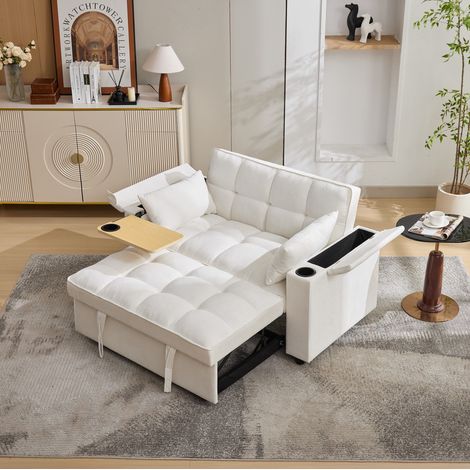 DESVIAE Canapé Lit Convertible 2 Places Pliable avec Dossier Réglable Ports USB et USB Type C Tablette Cachée Porte Gobelets Rangement Caché Roulettes Beige (1/5)