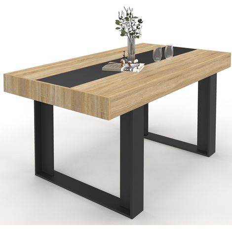 Idmarket – Table de salle à manger rectangle 160 cm – 6 personnes – Bois mélaminé noir et bois naturel – Pieds en U pour stabilité
