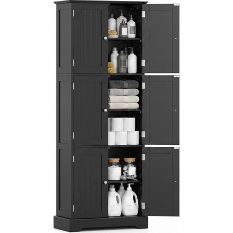COSTWAY Mobiletto Alto da Bagno con 6 Ante, 60 x 30 x 160 cm (Nero) (1/5)