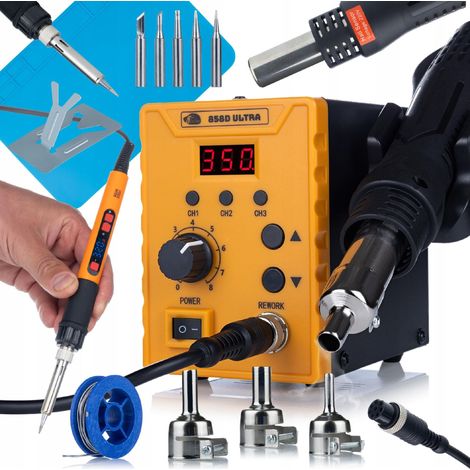 Rosfix Set 858D Ultra – Lötstation 700 W + Lötkolben 80 W + Silikonmatte 30×20 cm 100–500 °C, 3 Speicher Hot-Air & Kunststoffschweißen Elektronik-Reparaturset
