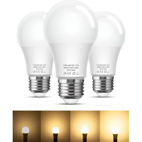 A60 ampoule LED E27 dimmable, 3000 Kelvin blanc chaud 13W remplace 100 Watt 1200Lm angle de faisceau 280°, Lot de 3,pour maison salon chambre bureau cuisine entrée (1/5)
