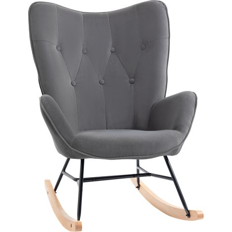 HOMCOM Schaukelstuhl Schaukelsessel mit Rückenlehne, Holzkufen, Sessel, Relaxsessel mit Samtoptik Schwingsessel Relaxstuhl für Wohnzimmer, Schlafzimmer, Balkon Dunkelgrau