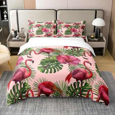 Flamingo Parure de lit 140x200cm Enfants Flamingo Tropical Flroal Literie Set garçon Adolescent Tropical Feuilles Fleurs Housse de Couette 100% Coton Feuilles Motif Rouge Ensemble - 140 x 200 cm + 1 t (1/5)