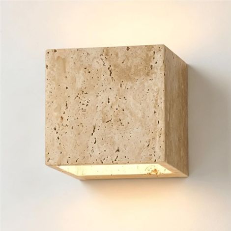 Applique murale carrée en travertin, style minimaliste, en pierre naturelle, éclairage indirect et indirect, luminaire nordique moderne pour chambre, salon ou couloir. (1/5)