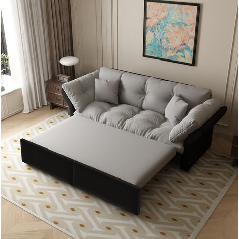 Canapé convertible 3-en-1 en velours gris clair 190 cm avec lit 154x203 cm et 2 coussins (1/5)