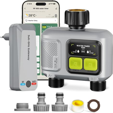 Ordinateur d'arrosage Wi-Fi à 2 sorties, programmateur d'arrosage intelligent (portée RF de 300 m), commande par application/voix, temporisation en cas de pluie, arrosage automatique pour pelouse (1/5)