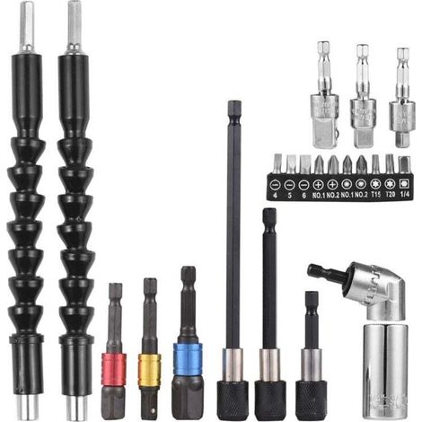 23-piece socket extension set for wrenches, universal socket wrench set with hex shank and 105° right angle adapter, drill accessory (1/4)