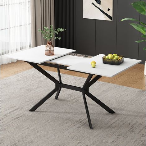 Mesa de comedor extensible 120/160x80 cm blanca de MDF con patas metálicas negras y diseño moderno (1/5)