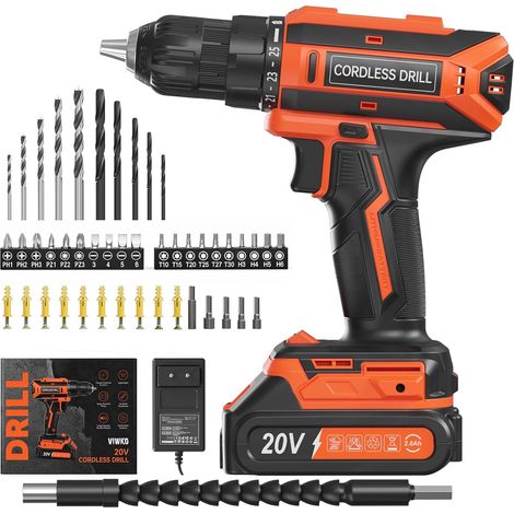Perceuse Visseuse Sans Fil, 20V Visseuse Devisseuse Sans Fil, 25+1 Réglages de Couple, Perceuse-visseuse Max 42Nm Visseuse, LED, jeu de 56 Accessoires pour l'Entretien et le Bricolage, Orange (1/5)